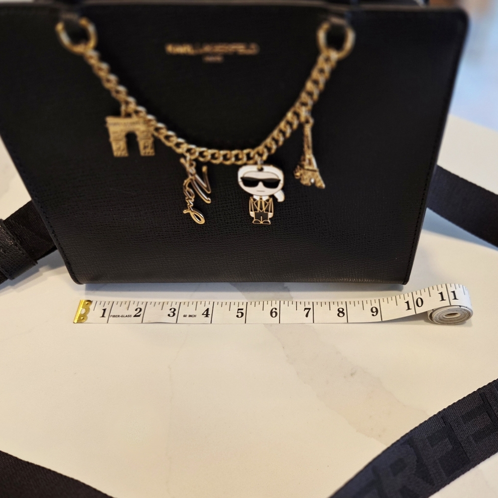 Karl Lagerfeld Black Saffiano Leather Satchel Crossbody with Gold Hardware - Picture 6 of 13